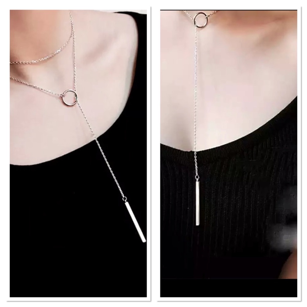 Circle Bar Drop Silver Necklace
